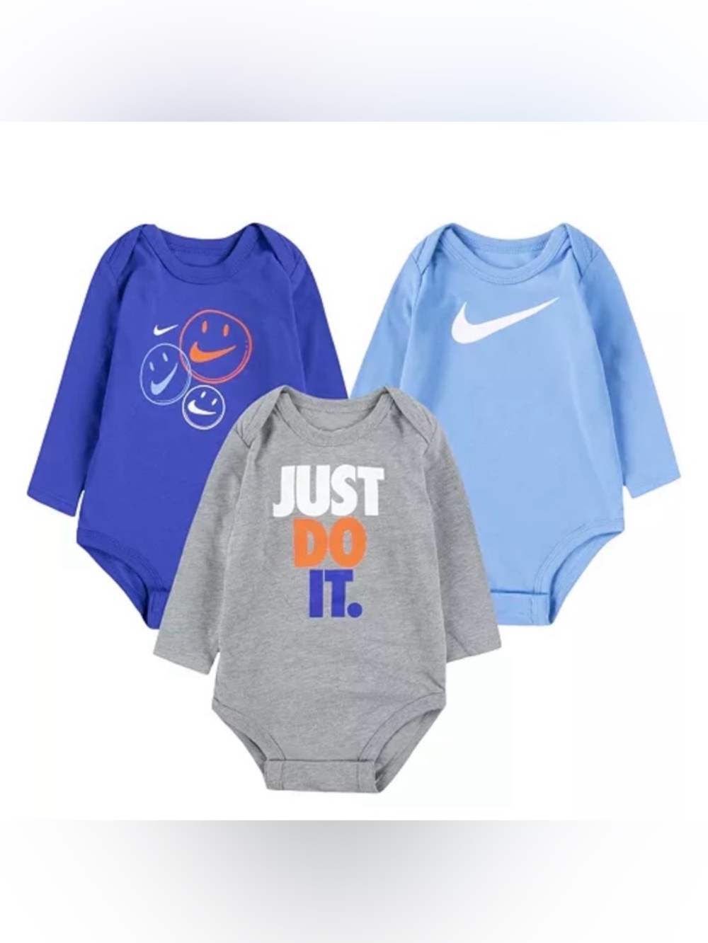 Nike Happy Baby Navy, Sky Blue, Gray Long Sleeve Jersey Bodysuits Set Of 3